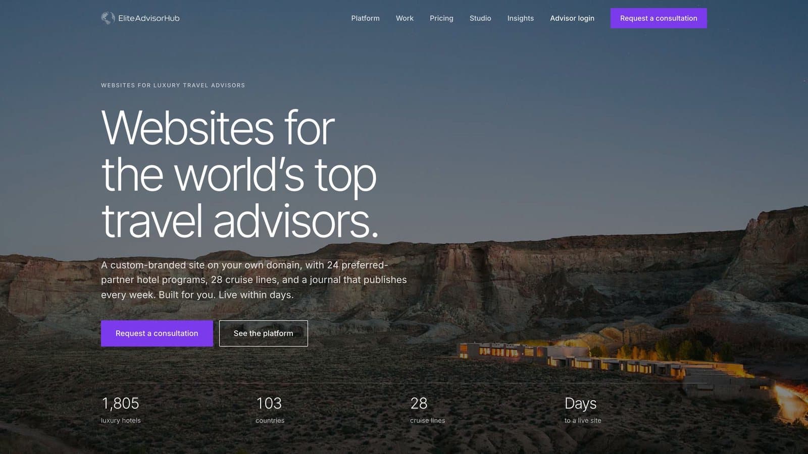 EliteAdvisorHub homepage for travel advisors