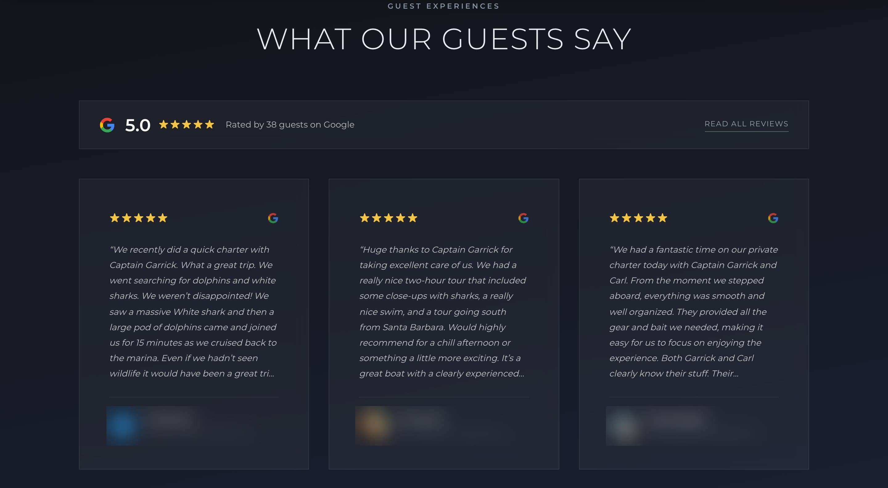 SB Boat Charters website section showing a 5.0 Google rating and three recent five-star Google reviews