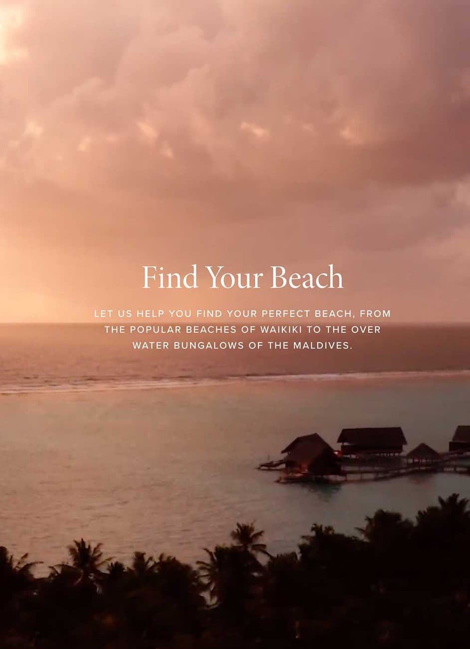 Montecito Village Travel Find Your Beach creative with a sunset over water bungalows