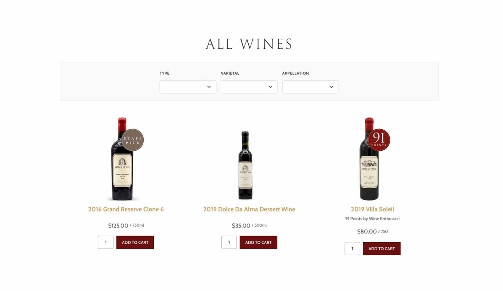 Sunstone Winery online store showing all wines