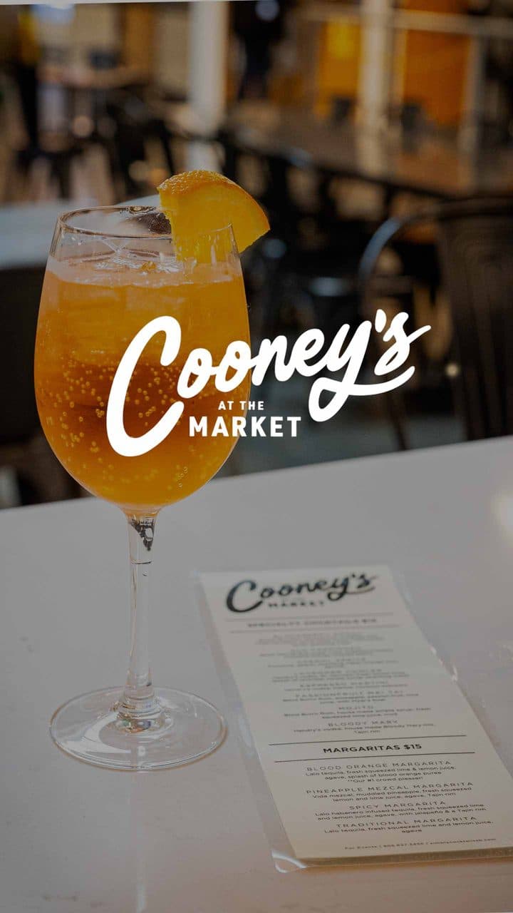 Cooney's at the Market story with a cocktail and the Cooney's logo