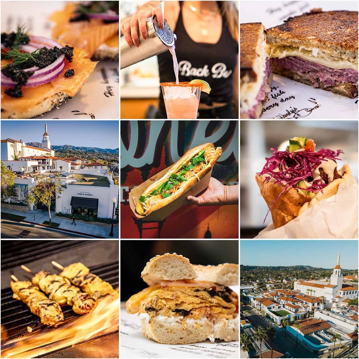 Santa Barbara Public Market Instagram grid with food, drinks, and aerial photos of the market
