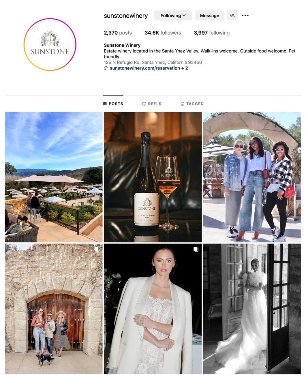 Sunstone Winery Instagram profile grid