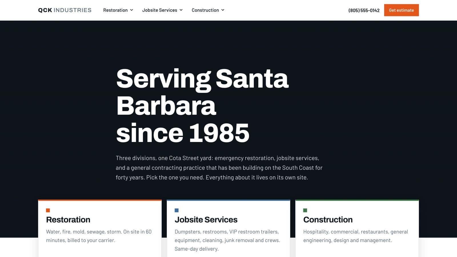 QCK Industries homepage with its three divisions: restoration, jobsite services, and construction