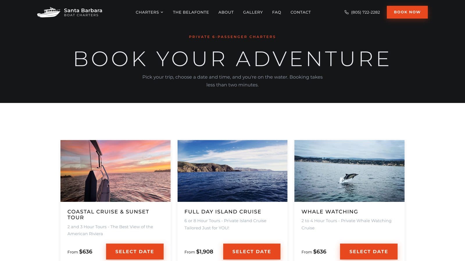 SB Boat Charters booking page with three private charters and their prices