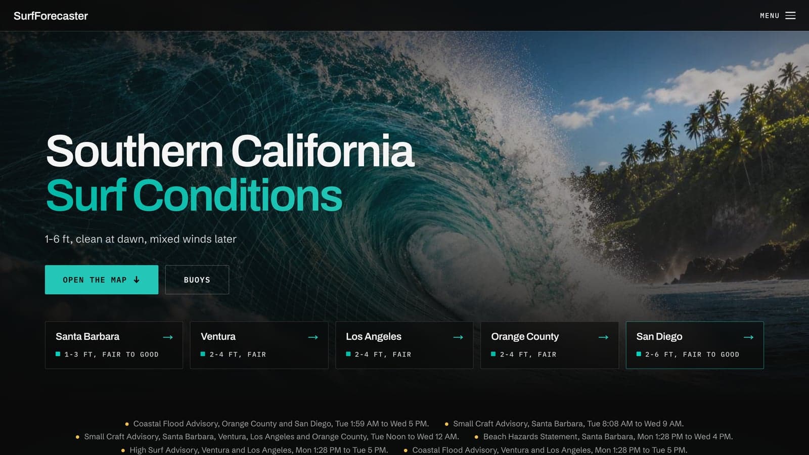 SurfForecaster homepage: Southern California surf conditions by region